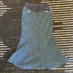 Motherhood Maternity Denim Skirt Small Mermaid Long Elastic Stitched Maxi Modest